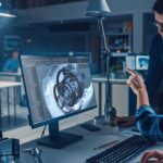 Engineer Working on Desktop Computer, Screen Showing CAD Software with Engine 3D Model, Her Male Project Manager Explains Job Specifics Industrial Design Engineering Facility Office