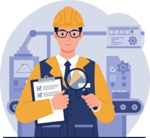 Industrial engineer inspecting quality control checklist with magnifying glass illustration vector
