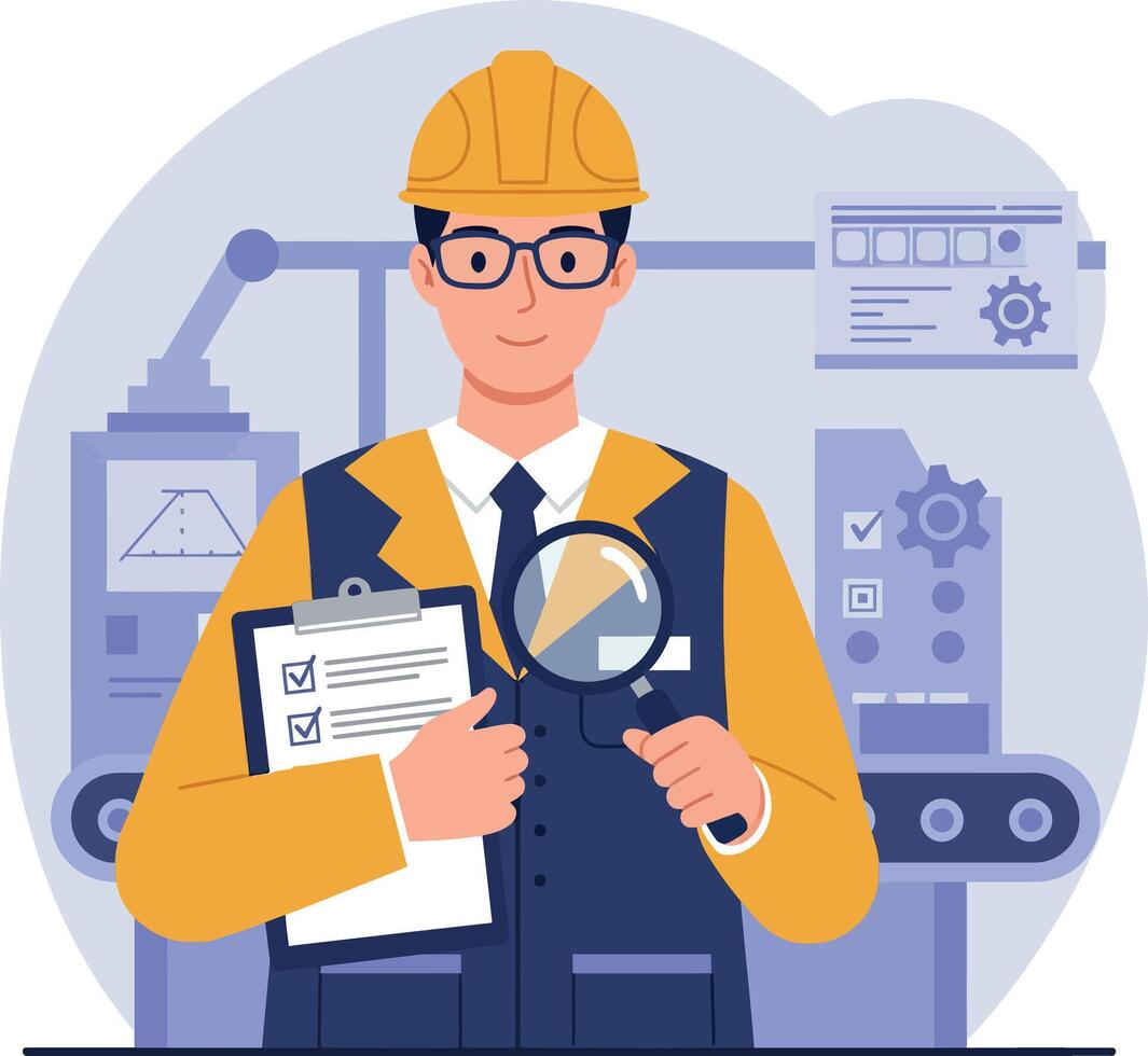 Industrial engineer inspecting quality control checklist with magnifying glass illustration vector