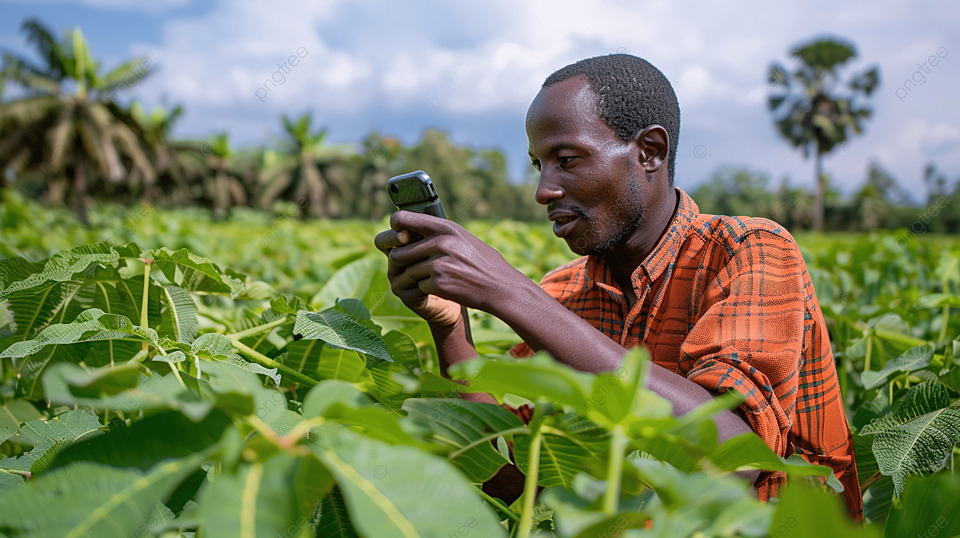 Pngtree young farmer uses a smartphone to take pictures of cassava leaves image