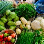 A vibrant display of fresh organic vegetables including tomatoes and chayote on a market table.