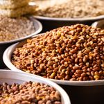 Close-up of roasted nuts in stainless bowls at a market, showcasing a variety of healthy and nutritious snacks.