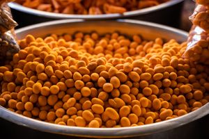 Delicious roasted chickpeas in a metal bowl, showcasing vibrant orange color and healthy snack appeal.