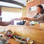 Imgi 231 sushi happiness and restaurant people customer and asian waitress giving food plate order or product japanese cashier server or startup small bu
