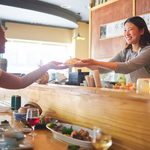 Imgi 241 sushi happiness restaurant people customer asian waitress giving food plate order product japanese cashier server startup