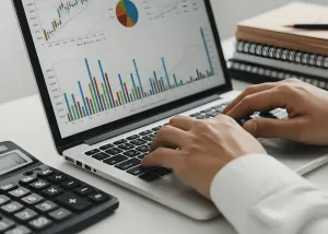 Imgi 330 pngtree accountant working on financial reports using laptop and calculator with stack image