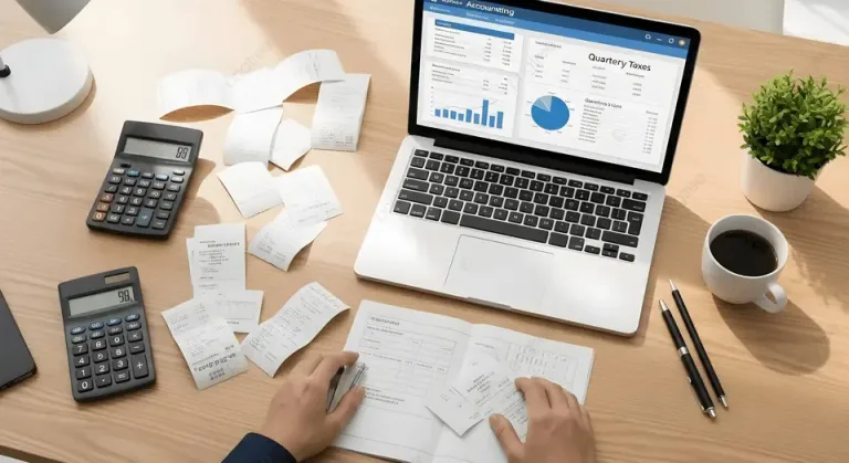 Imgi 343 pngtree accountant s desk with laptop calculators receipts and coffee illustrating financial image