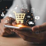 Imgi 602 person using smartphone for online shopping e commerce digital payment and mobile banking transactions at workplace the glowing shopping car