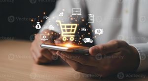 Imgi 602 person using smartphone for online shopping e commerce digital payment and mobile banking transactions at workplace the glowing shopping car