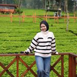 Woman in striped sweater enjoying scenic tea plantation view in Jawa Tengah, Indonesia.