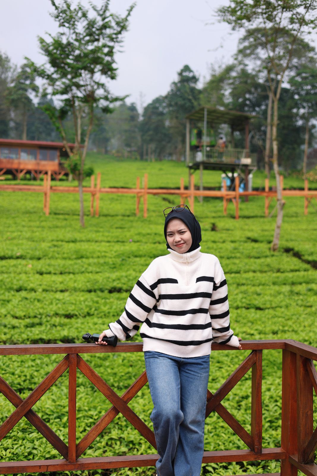 Woman in striped sweater enjoying scenic tea plantation view in Jawa Tengah, Indonesia.